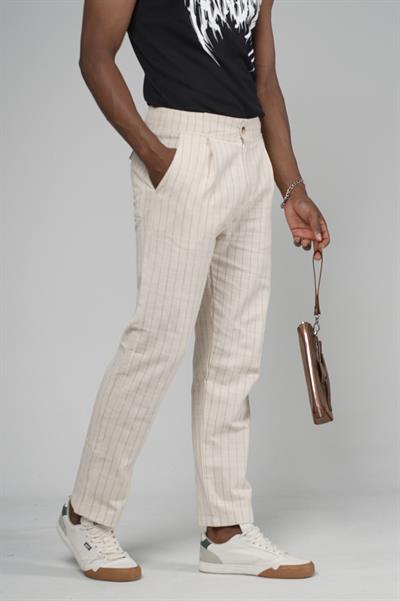 Çizgili Baggy Kalıp Cepli Keten Pantolon
