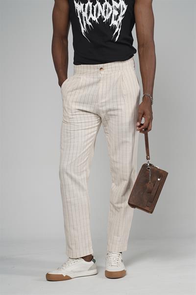 Çizgili Baggy Kalıp Cepli Keten Pantolon