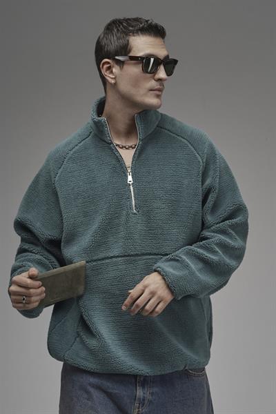 Dik Yaka Fermuarlı Cepli Reglan Kol Oversize Kalıp Erkek Polar