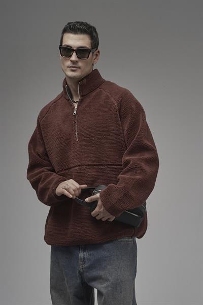 Dik Yaka Fermuarlı Cepli Reglan Kol Oversize Kalıp Erkek Polar