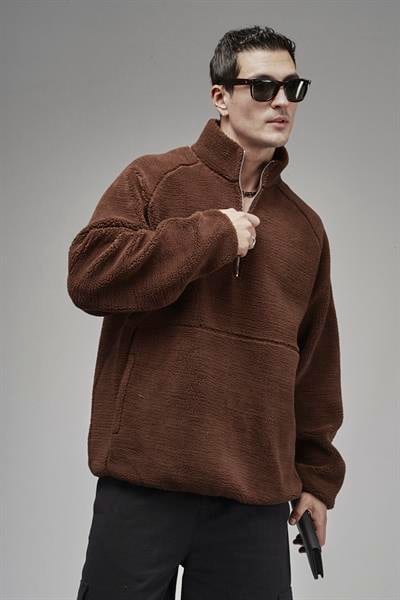 Dik Yaka Fermuarlı Cepli Reglan Kol Oversize Kalıp Erkek Polar