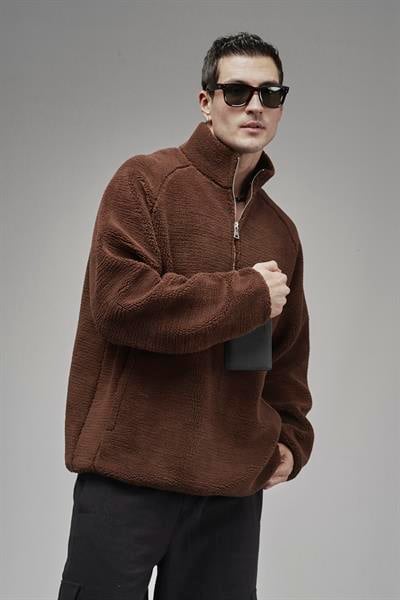 Dik Yaka Fermuarlı Cepli Reglan Kol Oversize Kalıp Erkek Polar