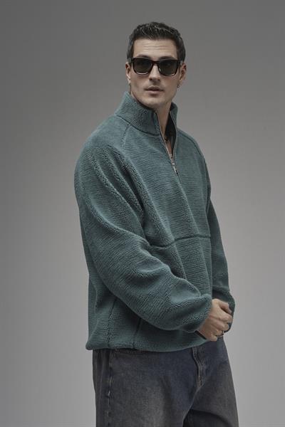 Dik Yaka Fermuarlı Cepli Reglan Kol Oversize Kalıp Erkek Polar