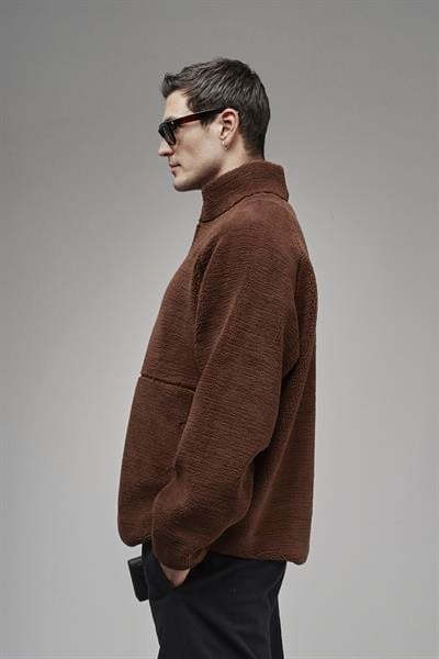 Dik Yaka Fermuarlı Cepli Reglan Kol Oversize Kalıp Erkek Polar