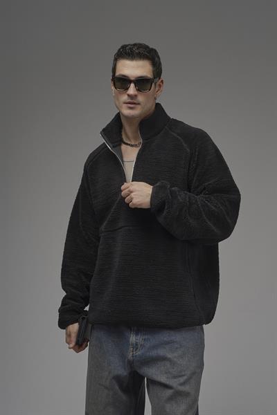 Dik Yaka Fermuarlı Cepli Reglan Kol Oversize Kalıp Erkek Polar