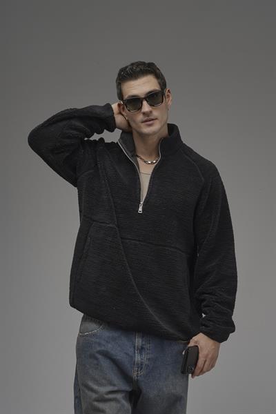 Dik Yaka Fermuarlı Cepli Reglan Kol Oversize Kalıp Erkek Polar