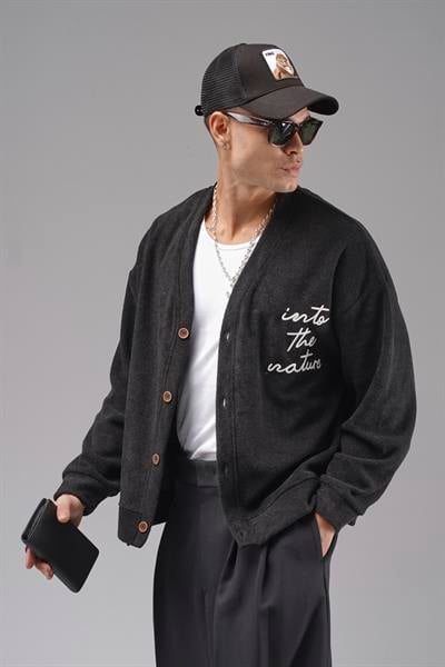 Düğmeli Nakış Detaylı Oversize Kalıp Erkek Hırka