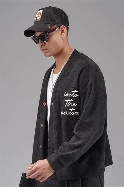 Düğmeli Nakış Detaylı Oversize Kalıp Erkek Hırka