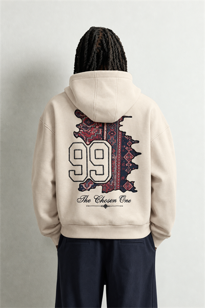 Erkek 99 Halı Desen Patch Nakışlı Şardonlu Kapüşonlu Oversize Sweatshirt