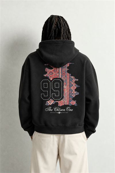 Erkek 99 Halı Desen Patch Nakışlı Şardonlu Kapüşonlu Oversize Sweatshirt