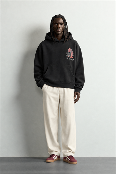 Erkek 99 Halı Desen Patch Nakışlı Şardonlu Kapüşonlu Oversize Sweatshirt