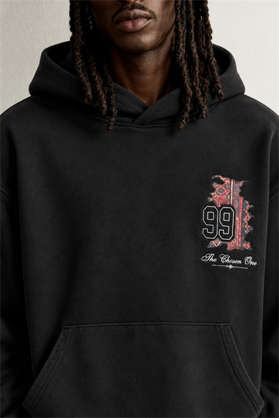 Erkek 99 Halı Desen Patch Nakışlı Şardonlu Kapüşonlu Oversize Sweatshirt
