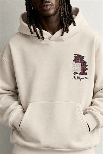 Erkek 99 Halı Desen Patch Nakışlı Şardonlu Kapüşonlu Oversize Sweatshirt