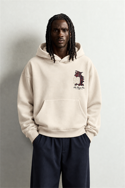 Erkek 99 Halı Desen Patch Nakışlı Şardonlu Kapüşonlu Oversize Sweatshirt