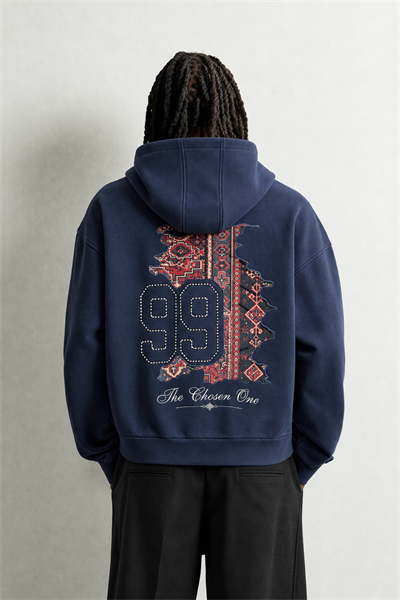 Erkek 99 Halı Desen Patch Nakışlı Şardonlu Kapüşonlu Oversize Sweatshirt