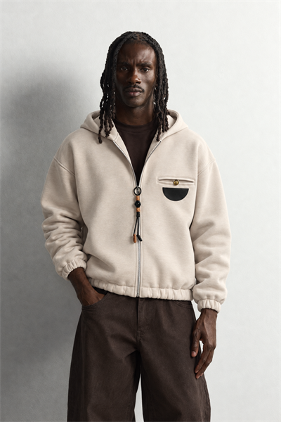 Erkek Deri Cep Detaylı Fermuarlı Şardonlu Kapüşonlu Oversize Sweatshirt