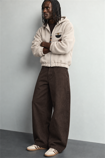 Erkek Deri Cep Detaylı Fermuarlı Şardonlu Kapüşonlu Oversize Sweatshirt