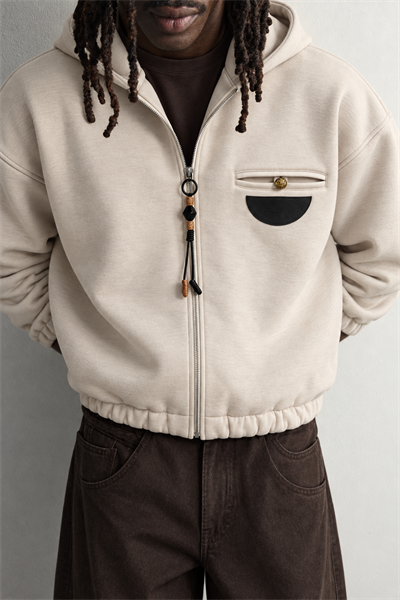 Erkek Deri Cep Detaylı Fermuarlı Şardonlu Kapüşonlu Oversize Sweatshirt