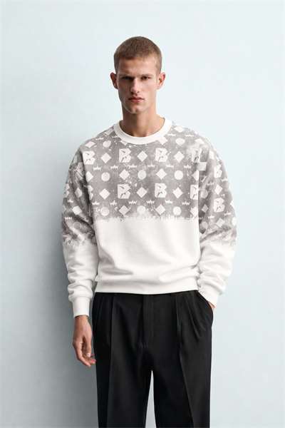 Erkek Geometrik Desen Baskılı Bisiklet Yaka Oversize Sweatshirt