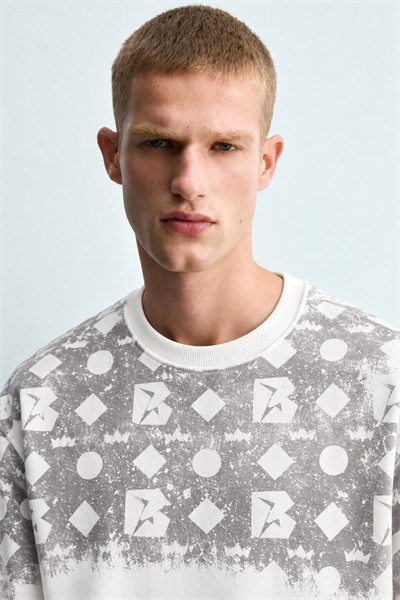 Erkek Geometrik Desen Baskılı Bisiklet Yaka Oversize Sweatshirt
