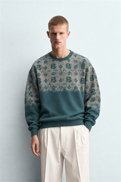 Erkek Geometrik Desen Baskılı Bisiklet Yaka Oversize Sweatshirt