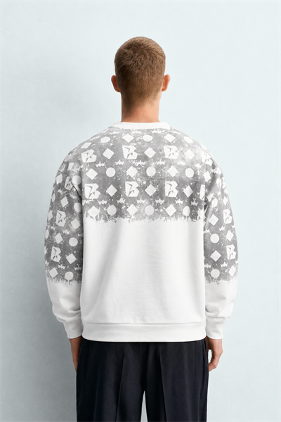Erkek Geometrik Desen Baskılı Bisiklet Yaka Oversize Sweatshirt