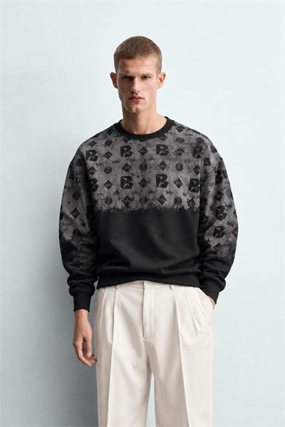 Erkek Geometrik Desen Baskılı Bisiklet Yaka Oversize Sweatshirt