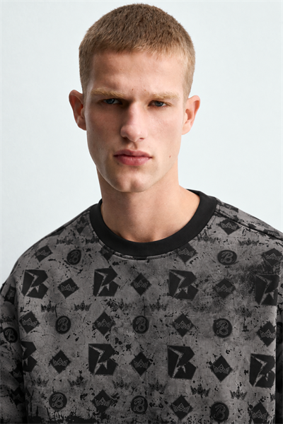 Erkek Geometrik Desen Baskılı Bisiklet Yaka Oversize Sweatshirt