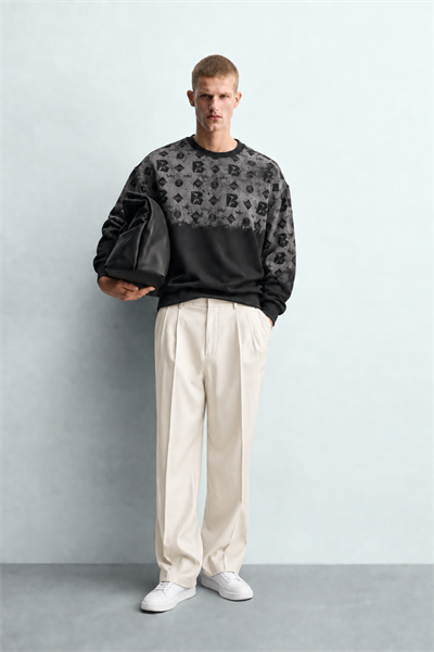 Erkek Geometrik Desen Baskılı Bisiklet Yaka Oversize Sweatshirt