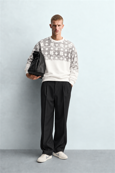 Erkek Geometrik Desen Baskılı Bisiklet Yaka Oversize Sweatshirt