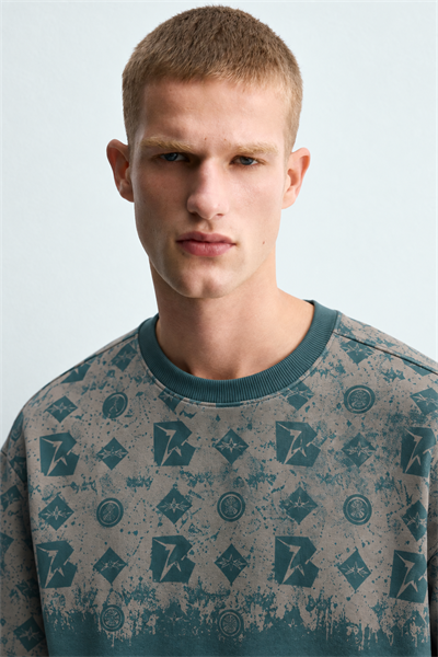 Erkek Geometrik Desen Baskılı Bisiklet Yaka Oversize Sweatshirt