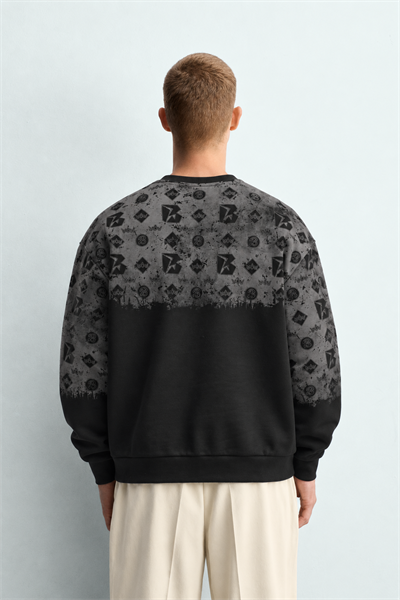 Erkek Geometrik Desen Baskılı Bisiklet Yaka Oversize Sweatshirt