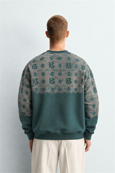 Erkek Geometrik Desen Baskılı Bisiklet Yaka Oversize Sweatshirt