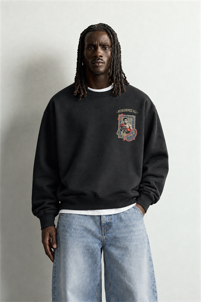 Erkek İçi Şardonlu Muhammed Ali Patch Baskılı Oversize Sweatshirt