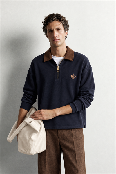 Erkek Kadife Yaka Fermuarlı Oversize Sweatshirt