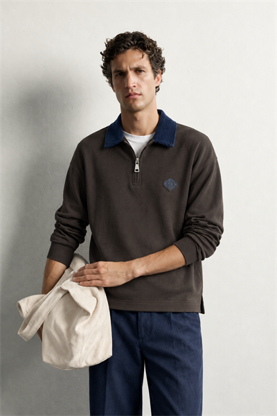 Erkek Kadife Yaka Fermuarlı Oversize Sweatshirt