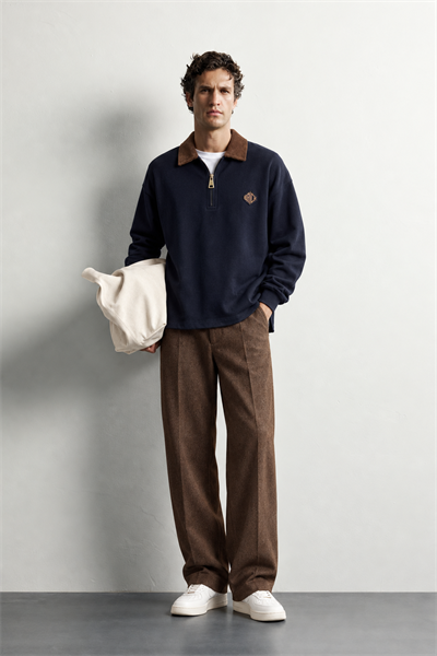 Erkek Kadife Yaka Fermuarlı Oversize Sweatshirt