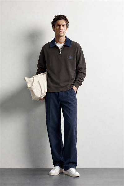 Erkek Kadife Yaka Fermuarlı Oversize Sweatshirt
