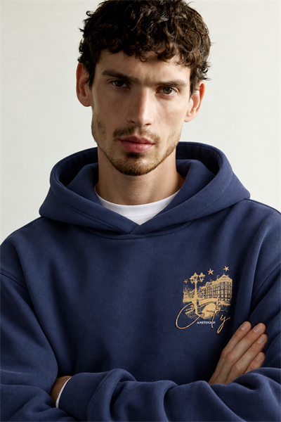 Erkek Kanguru Cepli Amsterdam Baskılı Şardonlu Kapüşonlu Oversize Sweatshirt