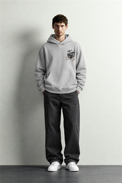 Erkek Kanguru Cepli Amsterdam Baskılı Şardonlu Kapüşonlu Oversize Sweatshirt