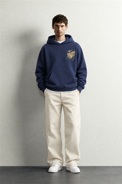 Erkek Kanguru Cepli Amsterdam Baskılı Şardonlu Kapüşonlu Oversize Sweatshirt