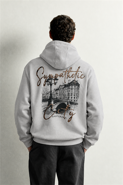 Erkek Kanguru Cepli Amsterdam Baskılı Şardonlu Kapüşonlu Oversize Sweatshirt