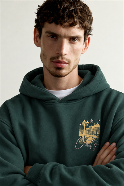Erkek Kanguru Cepli Amsterdam Baskılı Şardonlu Kapüşonlu Oversize Sweatshirt