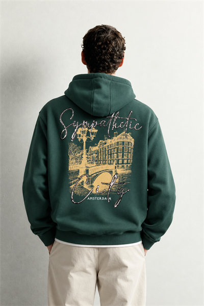Erkek Kanguru Cepli Amsterdam Baskılı Şardonlu Kapüşonlu Oversize Sweatshirt