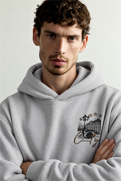 Erkek Kanguru Cepli Amsterdam Baskılı Şardonlu Kapüşonlu Oversize Sweatshirt