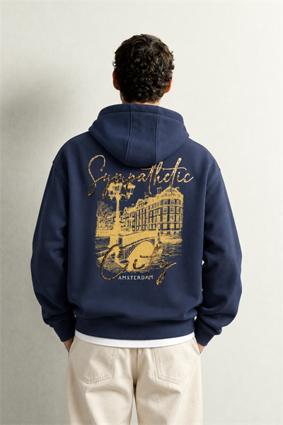Erkek Kanguru Cepli Amsterdam Baskılı Şardonlu Kapüşonlu Oversize Sweatshirt