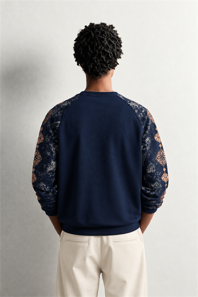 Erkek Kolu Etnik Desen Baskılı Bisiklet Yaka Oversize Sweatshirt