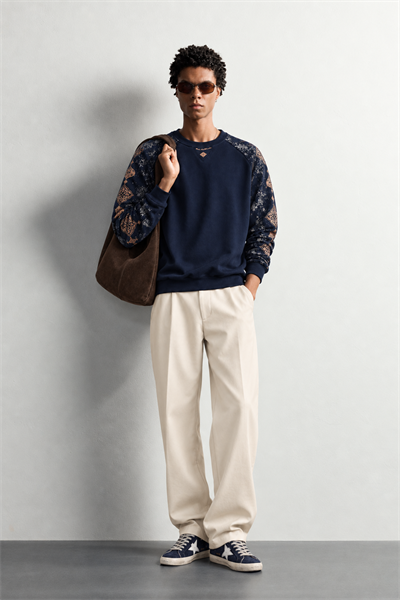 Erkek Kolu Etnik Desen Baskılı Bisiklet Yaka Oversize Sweatshirt