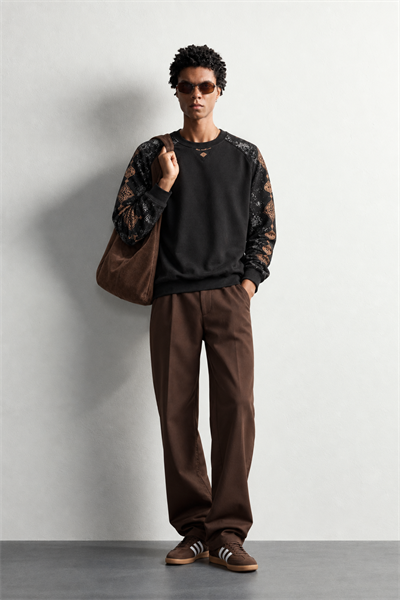 Erkek Kolu Etnik Desen Baskılı Bisiklet Yaka Oversize Sweatshirt
