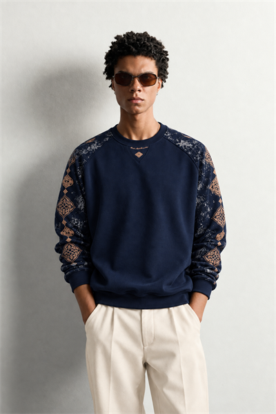 Erkek Kolu Etnik Desen Baskılı Bisiklet Yaka Oversize Sweatshirt